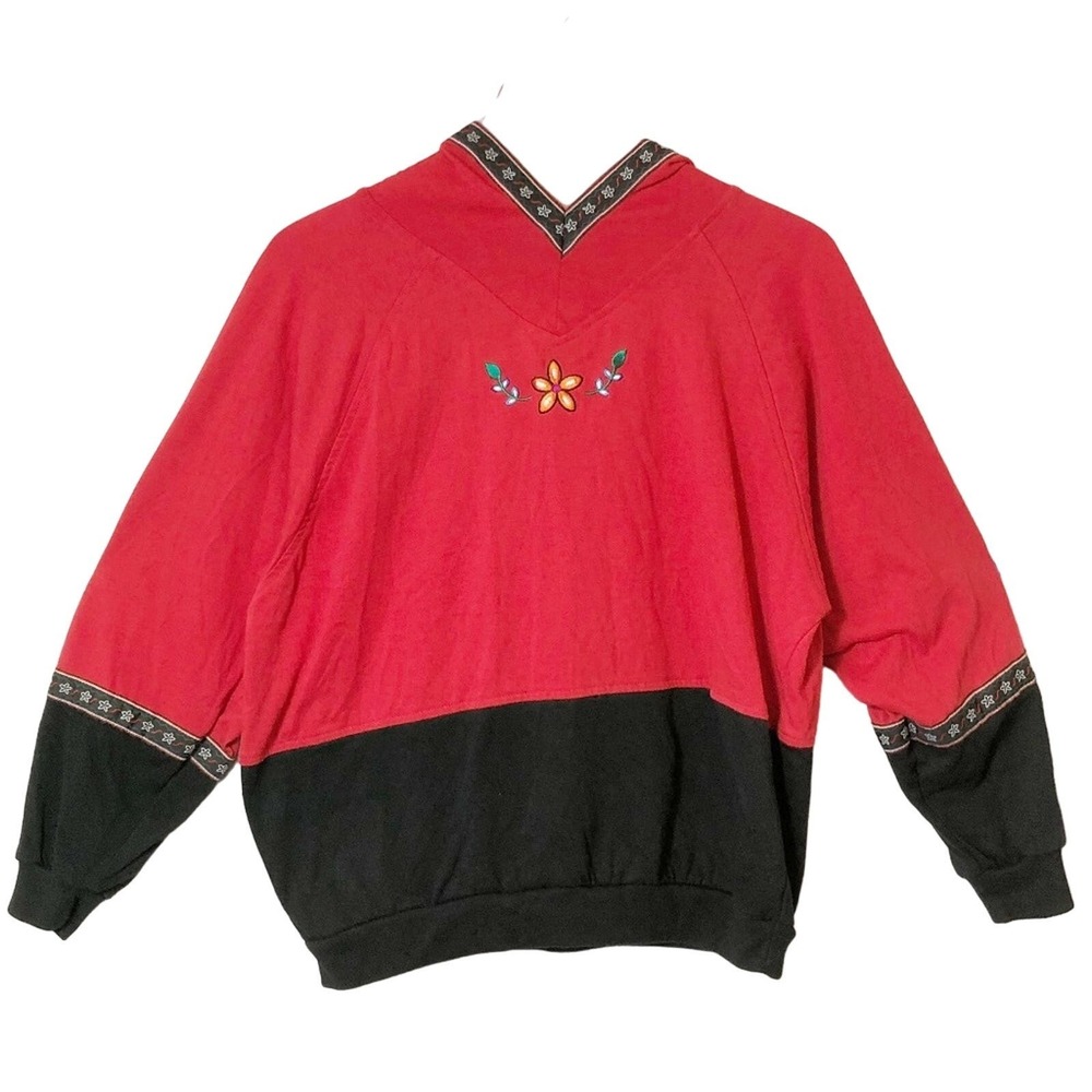 Vintage 62 East Red &‎ Black Floral Embroidered Hooded Women's Sweater Medium